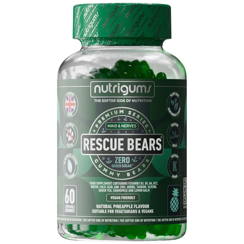 Rescue Bears Daytime Stress & Anxiety Relief Gummy | Green Tea, Taurine, Glycine, Chamomile and Lemon Balm with Vitamins & Prebiotics | Pineapple Flavour | 60 Vegan Gummies | Mind & Mood Support