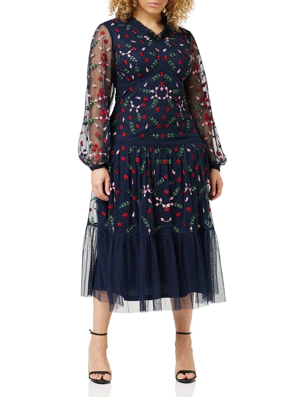 Frock and Frill Women's Floral Embroidered Dress Special Occasion, Navy, 14