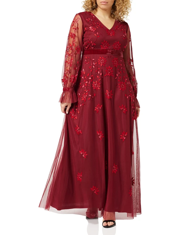 Frock and Frill Women's Floral Embroidered Dress Special Occasion, Burgundy, 10