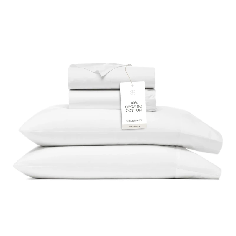 Boll & Branch Percale Hemmed Sheet Set - Queen, White - Luxury 100% Organic Cotton, Naturally Cooling - 1 Flat, 1 Fitted, 2 Pillowcases