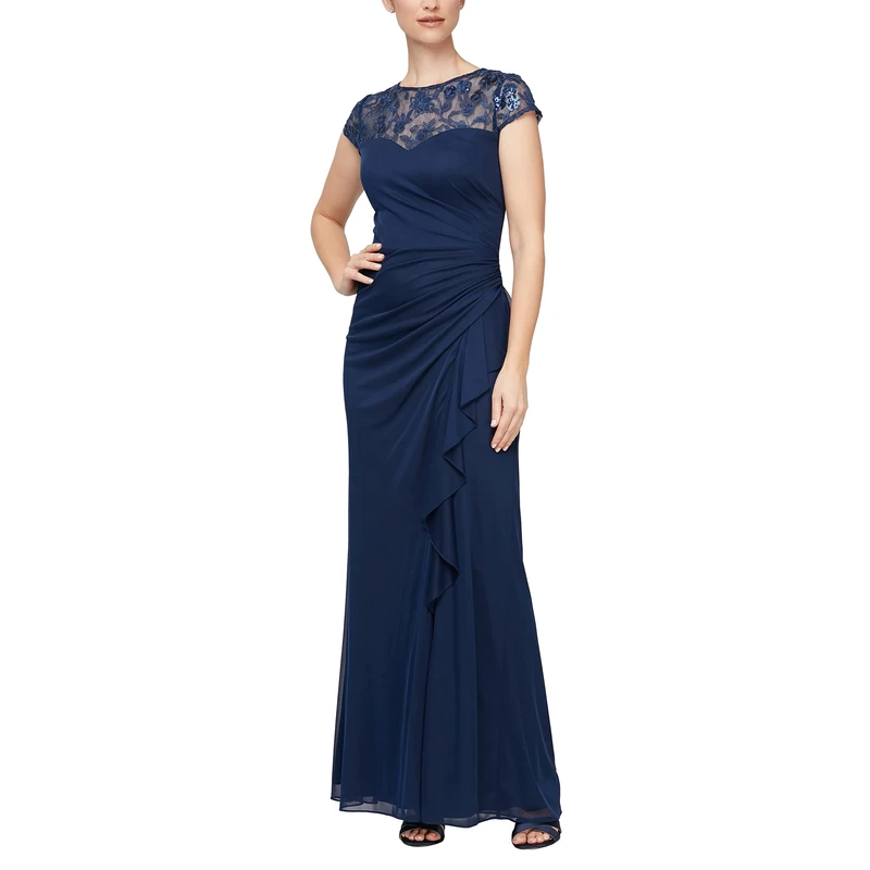 Alex Evenings Women's Long Length A-line Sweetheart Neck Gown Sleeves, Mother of The Bride, Formal Event Dress, Navy Cap Embroidery, 18