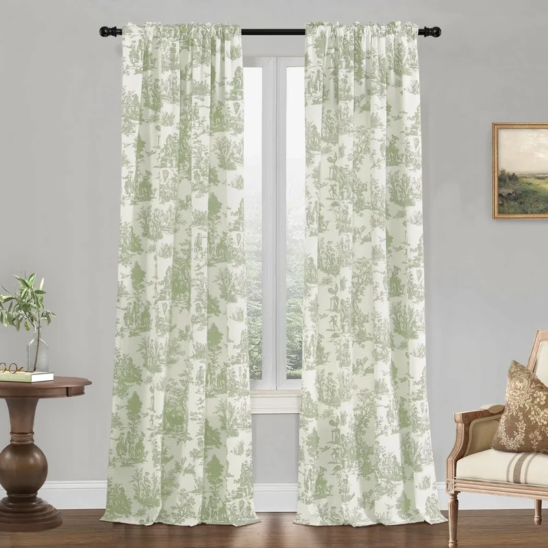XTMYI Sage Green Curtains for Living Room Bedroom Spring Country Design Toile de Jouy Floral 108L Light Filtering Patio Door Curtain for Sliding Door Dining Room 108 Inch Long