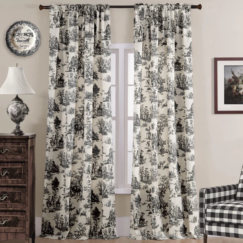 Classic Modern Curtains 108 Inches Long for Living Room 2 Panels Elegant Farmhouse Toile Floral Design Patterned Print on Cream Linen Cotton Drapes for Dining Room,Black and White,52x108 Inch Length