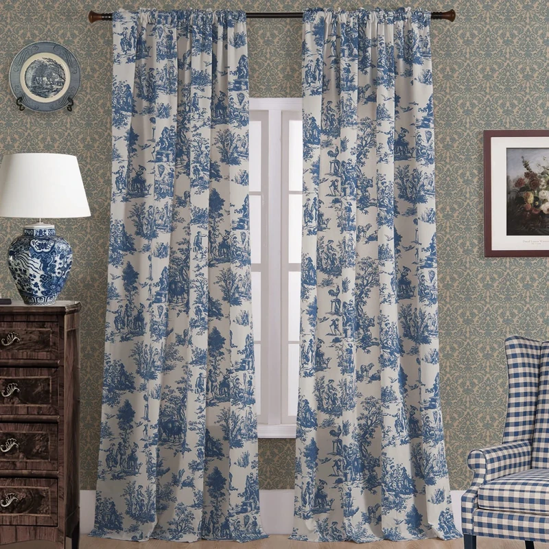 Royal Blue Curtains 108 Inches Long for Living Room,Spring Nautical French Country Toile de Jouy Vintage Floral Pattern Print 108L Drapes Light Filtering Patio Door Curtain for Sliding Door,White Blue
