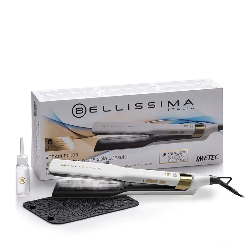 Bellissima Hair Straightener Steam Elixir – Ceramic Coated with Argan Oil for Sleek & Smooth Glide, Steam Therapy for Hydration, Fast Heat Up, 170°C-200°C Adjustable Temperatures, All Hair Types