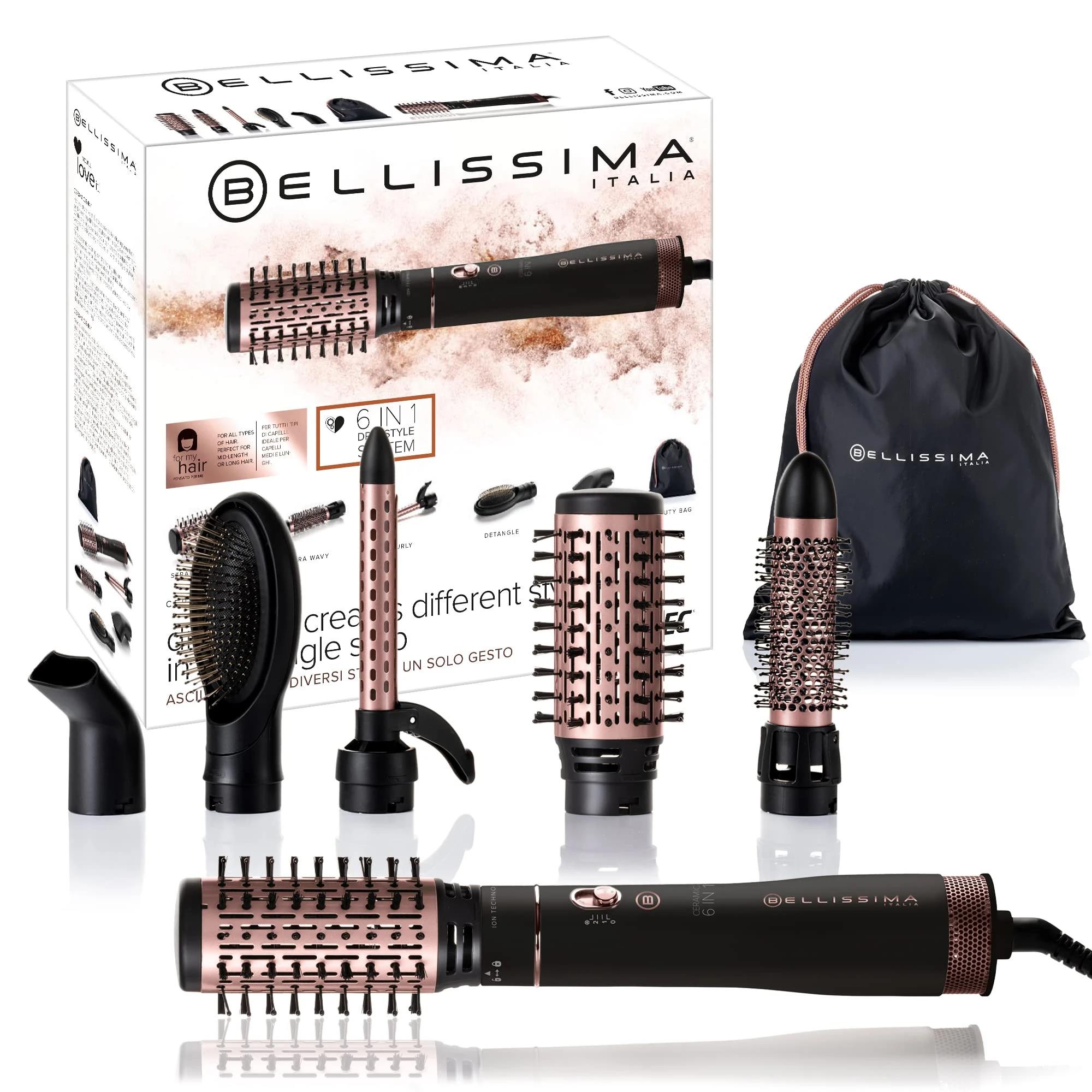 Bellissima 6-in-1 Hot Air Styler & Volumiser Hair Dryer Brush with Ionic, Ceramic & Keratin Technology dor Smooth, Frizz-Free Volume, 1000W, 2 Heat/Speed Settings, All Hair Types