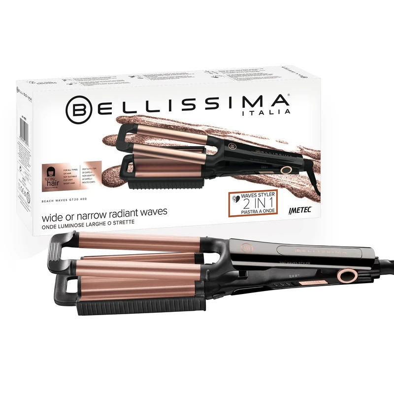 Bellissima Beach Waves Hair Waver, Ceramic 2 in 1 Styler for Effortless Mermaid Waves, 3 Heat Settings, Frizz-Free Long-Lasting Waves, Fast Heat-Up, Black & Gold