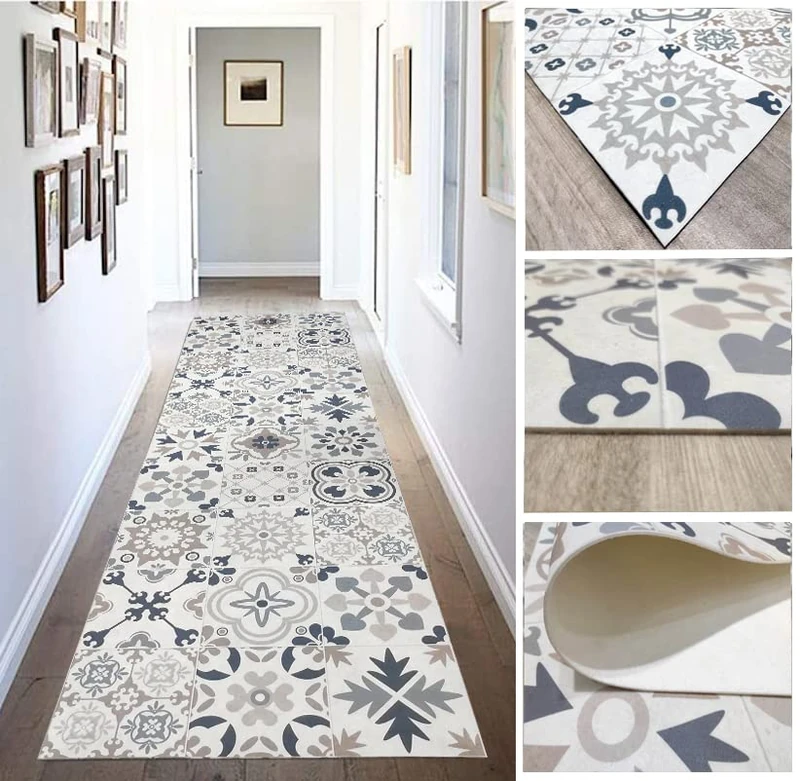 Tadi & Imperio1979 Hydraulic Vinyl Carpet Realistic Tile Rug for Living Room, Hallway, Kitchen and Carpet (Beige with Blue, Gold and Orange) - Image 1