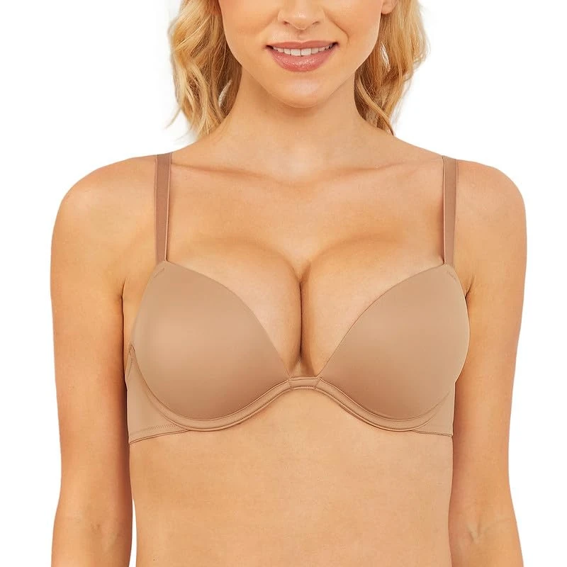 WingsLove Push Up Bra Sexy Deep V Plunge Add 2 Cups Bras Underwire T-Shirt Bra Multiway(Light Brown 38DD)