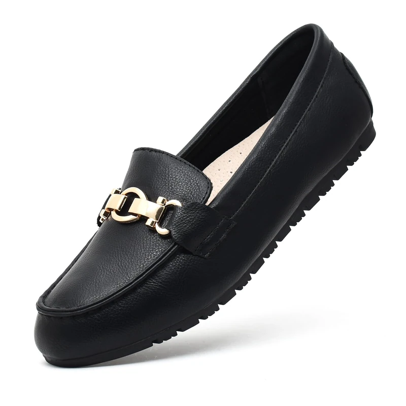 Loafers for Women Flat Shoes Slip On Ballerina Boat Shoes Moccasin Penny Loafers Shoes, Black Nappa Leather, 8.5 UK