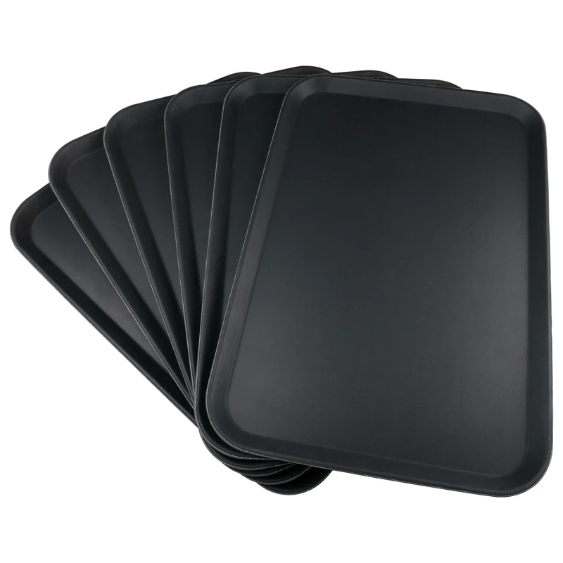 Grunwerg Non-Slip Rectangular Food and Drink Plastic Serving Tray with High Grip Rubber Surface, 65 x 45cm, Pack of 6, Black