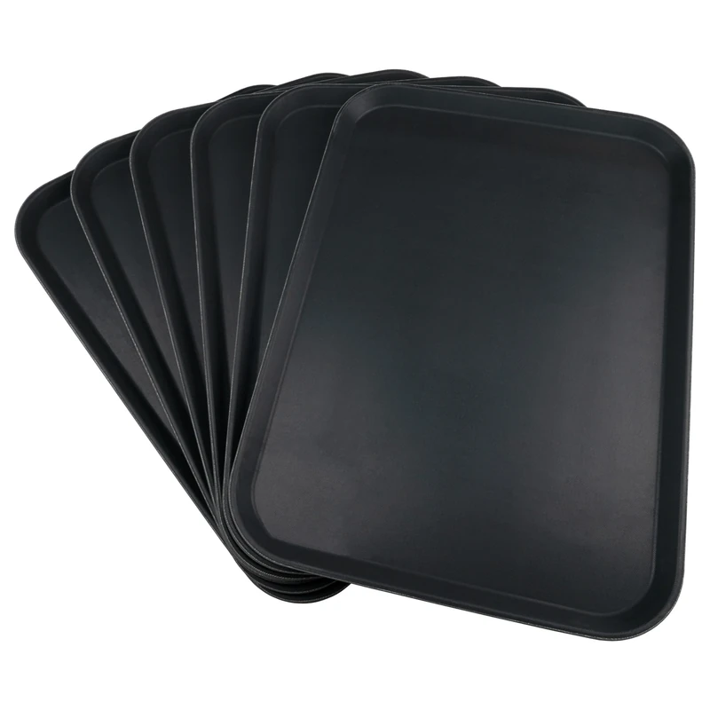 Grunwerg Non-Slip Rectangular Food and Drink Plastic Serving Tray with High Grip Rubber Surface, 55 x 40cm, Pack of 6, Black