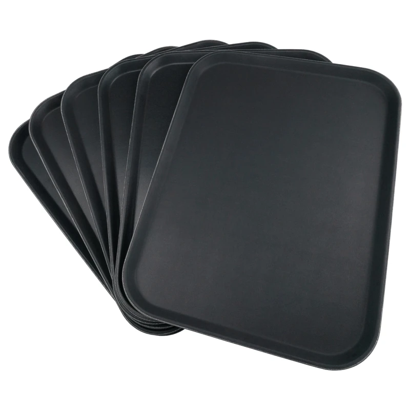 Grunwerg Non-Slip Round Food and Drink Plastic Serving Tray with High Grip Rubber Surface, 50 x 37cm, Pack of 6, Black