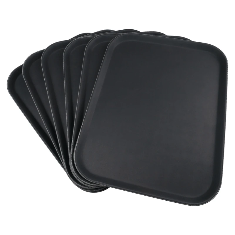 Grunwerg Non-Slip Rectangular Food and Drink Plastic Serving Tray with High Grip Rubber Surface, 45 x 35cm, Pack of 6, PN-1418/6, Black