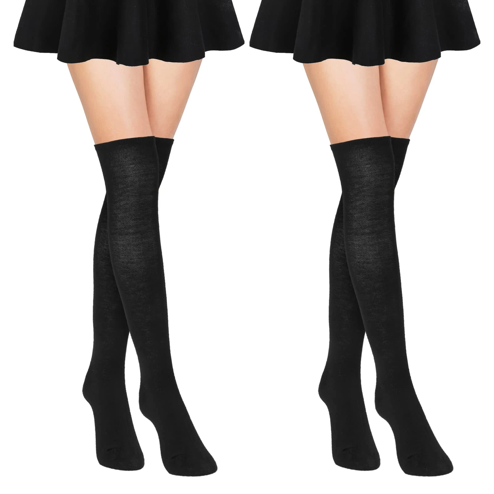 WLLHYF 2 Pairs Thigh High Socks for Womens Girls, Cotton Over The Knee Socks Extra Long Socks for Women Thigh High Leg Warmer Stockings Boot Socks for Women Girls (Black)