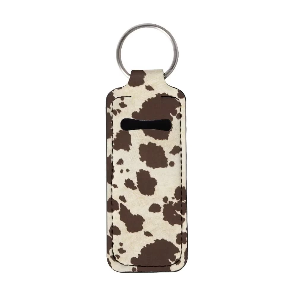 Jeiento Brown Cow Print Chapstick Holder Keychain Lipstick Holder Lip Balm Holster Clip-on Sleeve Pouch Wristlet Lanyard