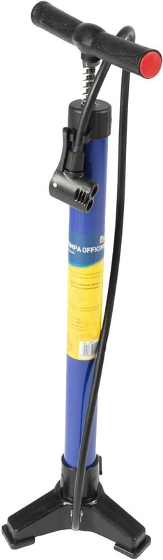 On Bike Blue Metal Tubular Bike Workshop Pump With T-handle, Three Feet, Quick Inflation Presta, Schrader And Dunlop Valves — Solid And Professional
