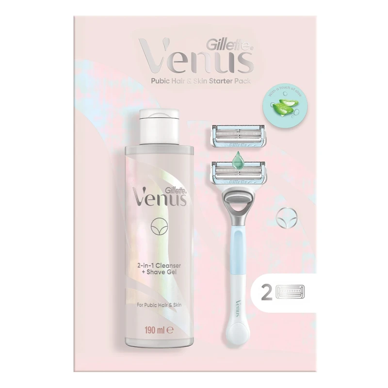 Gillette Venus For Pubic Hair & Skin Women's Razor, 2 Blade Refills and 2in1 Shave Gel and Cleanser 190ml