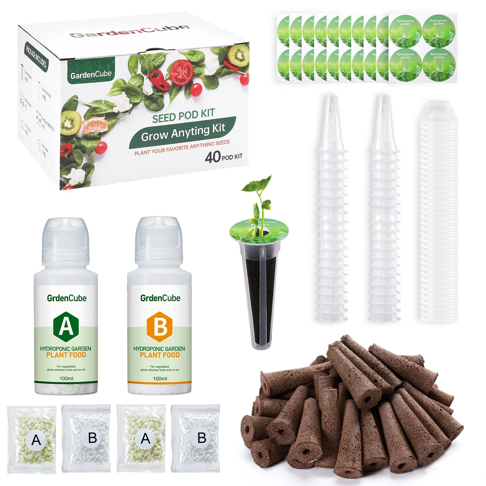 GARDENCUBE 166pcs Hydroponic Pods Kit: Grow Anything Herb Kits - Includes Grow Sponges Grow Baskets Grow Domes Labels A&B Plant Food - Hydroponics Supplies for Most Brand