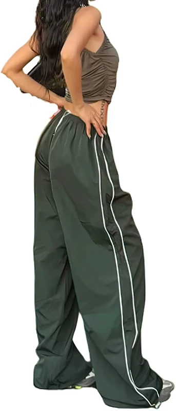 XPONNI Women's Baggy Y2K Parachute Pants, DarkGreen, M