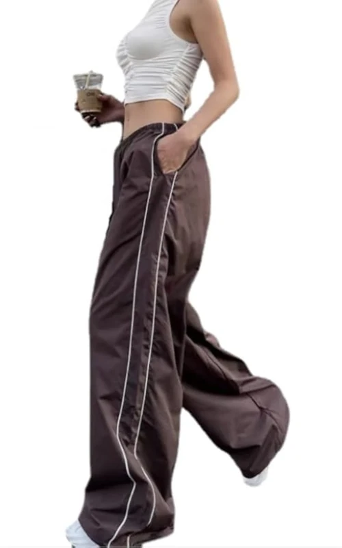 XPONNI Women's Baggy Y2K Parachute Pants, Brown, M