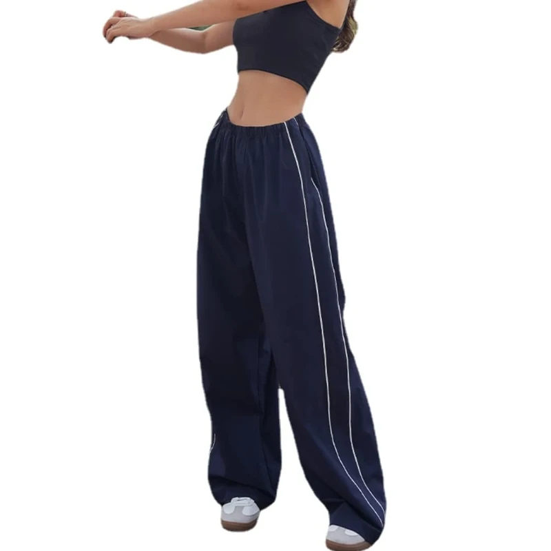 XPONNI Women's Baggy Y2K Parachute Pants, Navy, M