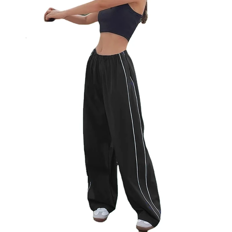 XPONNI Women's Baggy Y2K Parachute Pants, Black, M