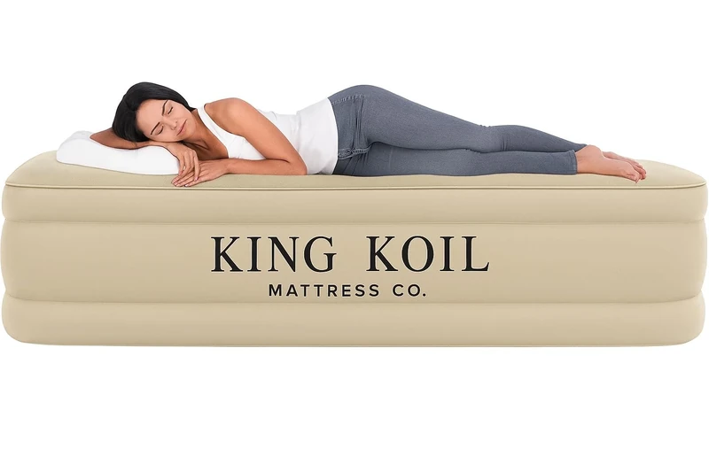 King Koil Luxury Queen Air Mattress with Built-in Pump for Home, Camping & Guests - Queen Size Inflatable Airbed Luxury Double High Adjustable Blow Up Mattress, Durable Portable Waterproof
