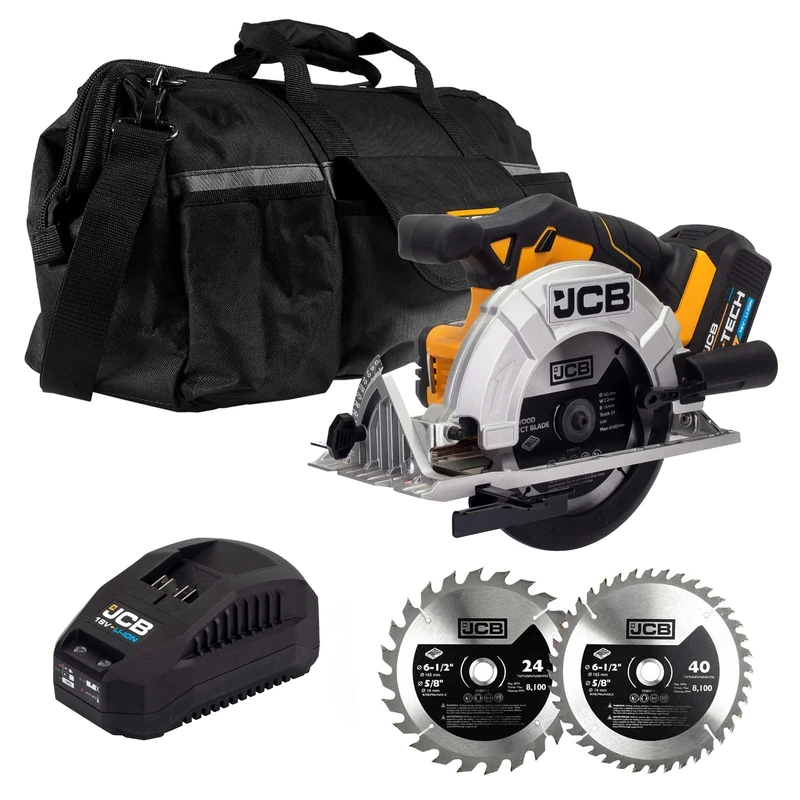JCB 18V Powerful Circular Saw 5.0Ah Lithium-ion Battery in 20" Kit Bag with 24T TCT, 40T TCT Saw Blades, Battery, Charger and 3 Year Warranty