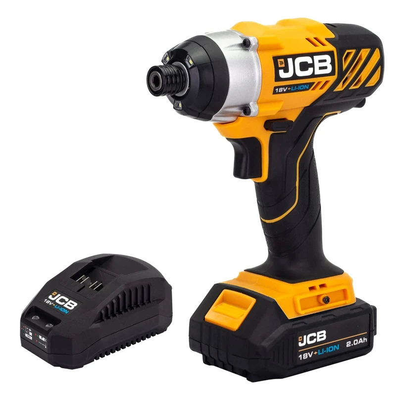 JCB 18V Cordless Impact Driver, 2.0Ah Lithium-ion Battery, Fast Charger, Built in LED Light, Belt Clip & Rubber Grip Overmould, Powerful with 3 Year Warranty