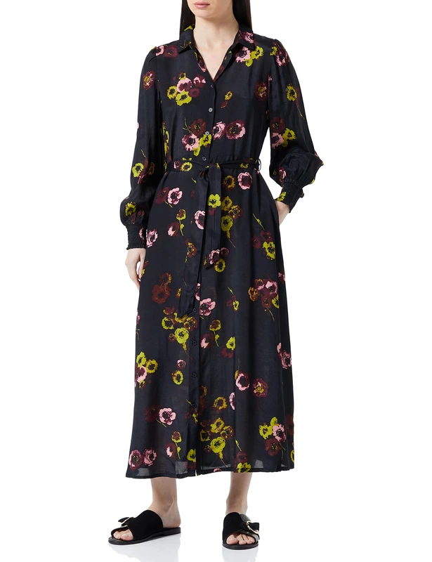 KAFFE Kaninna Women's Casual Shirt Dress, Black Deep/Green Flower Print, 10