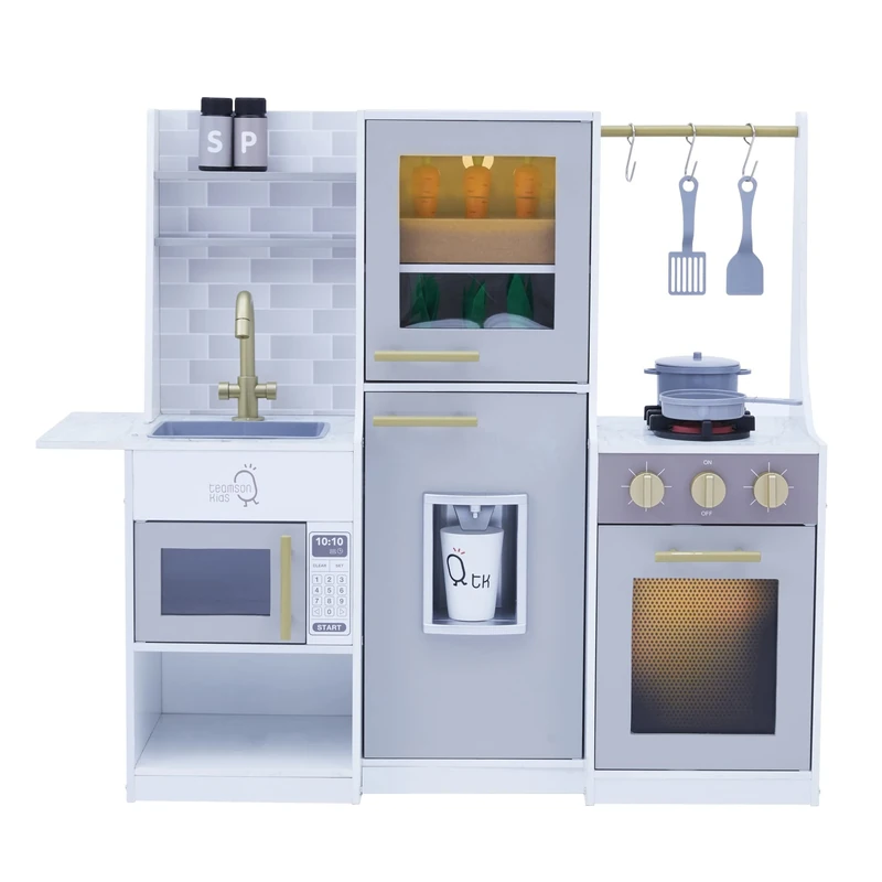 Teamson Kids Lyon Large Wooden Play Kitchen Playset Toy with Hyrdroponic Garden Growing System & 19 Interative Accessories for Girls & Boys, Grey