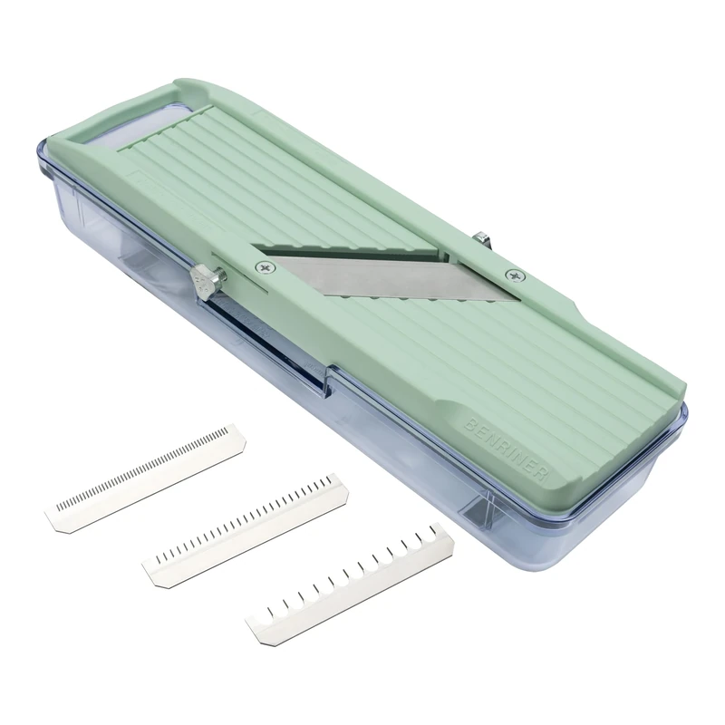 Benriner BN-3GR Japanese Handheld Mandolin Slicer with Three Interchangeable Stainless-Steel Blades-Ivory, Vegetable Fruit Cutter Peeler, Stainless Steel, Green, Catch Tray