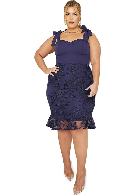 Chi Chi London Women's Plus Size Tie Strap Embroidered Bodycon Dress in Navy Cocktail, 20
