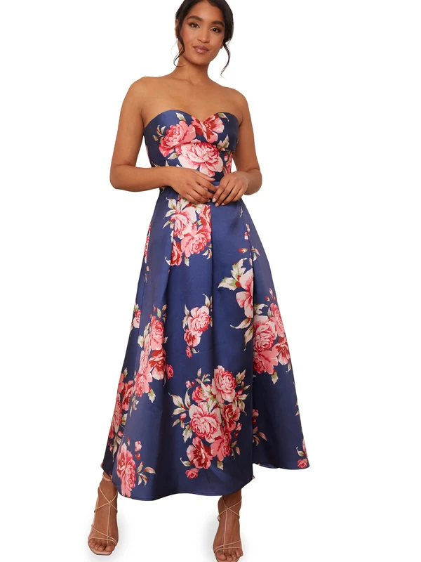 Chi Chi London Women's Strapless Floral Printed Dip Hem Dress in Navy Cocktail, 12