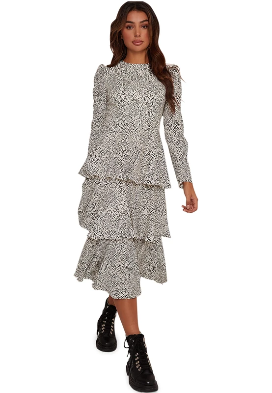 Chi Chi London Women's Long Sleeve Spot Print Tiered Midi Dress in White Casual, 16