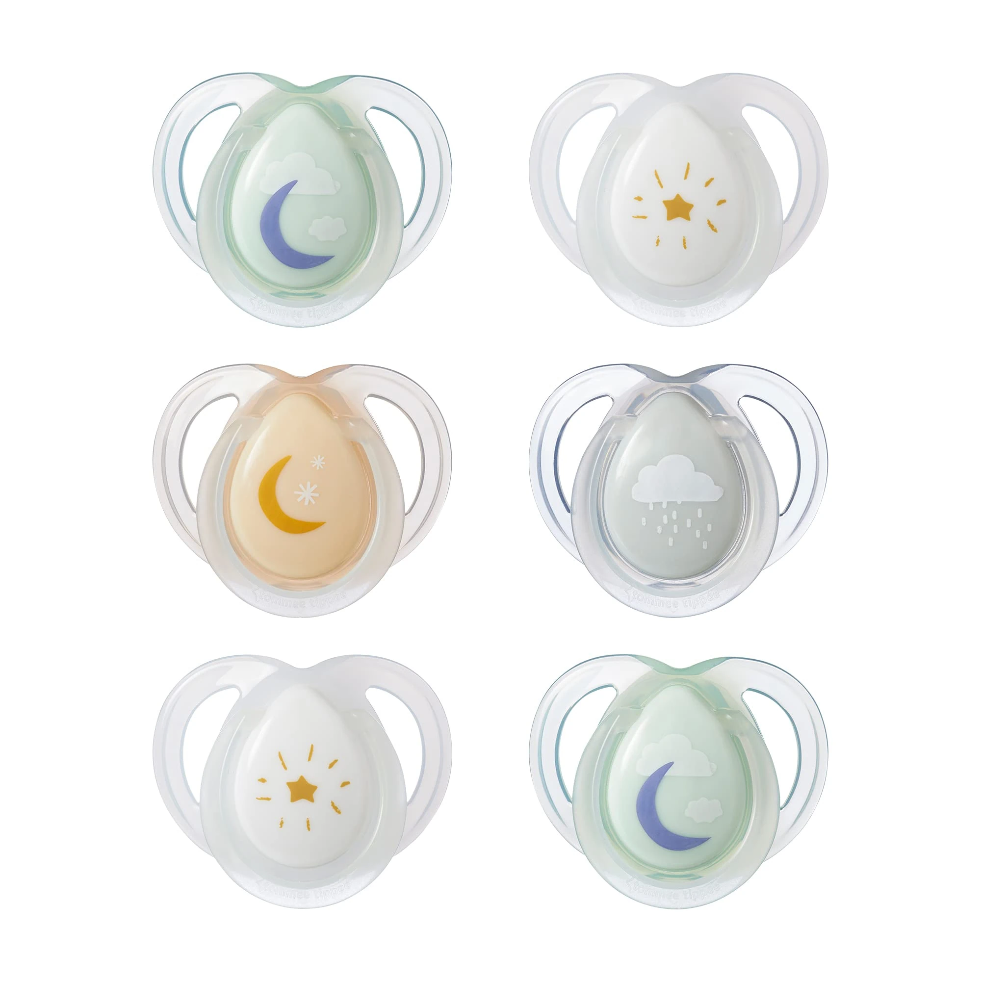 Tommee Tippee Nighttime Soothers, 0-6m, 6 Pack, Glow in The Dark, Varied Colours and Designs, Symmetrical Orthodontic Dummy, BPA-Free Silicone Teat