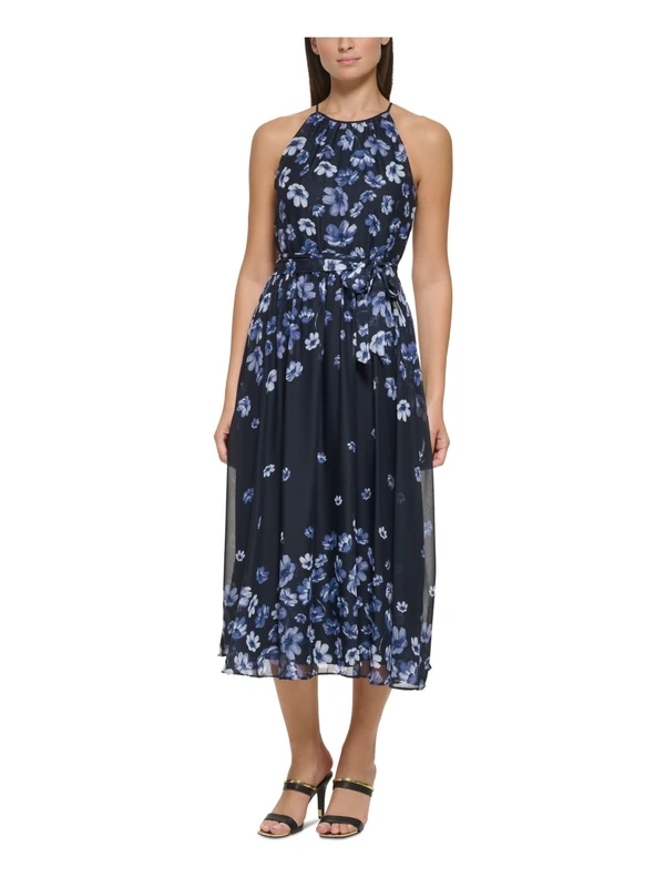 DKNY Women's Floral Print Halter Neck Sleeveless Tie Waist Fit&Flare Chiffon Midi Dress Cocktail, Navy Multi, 6