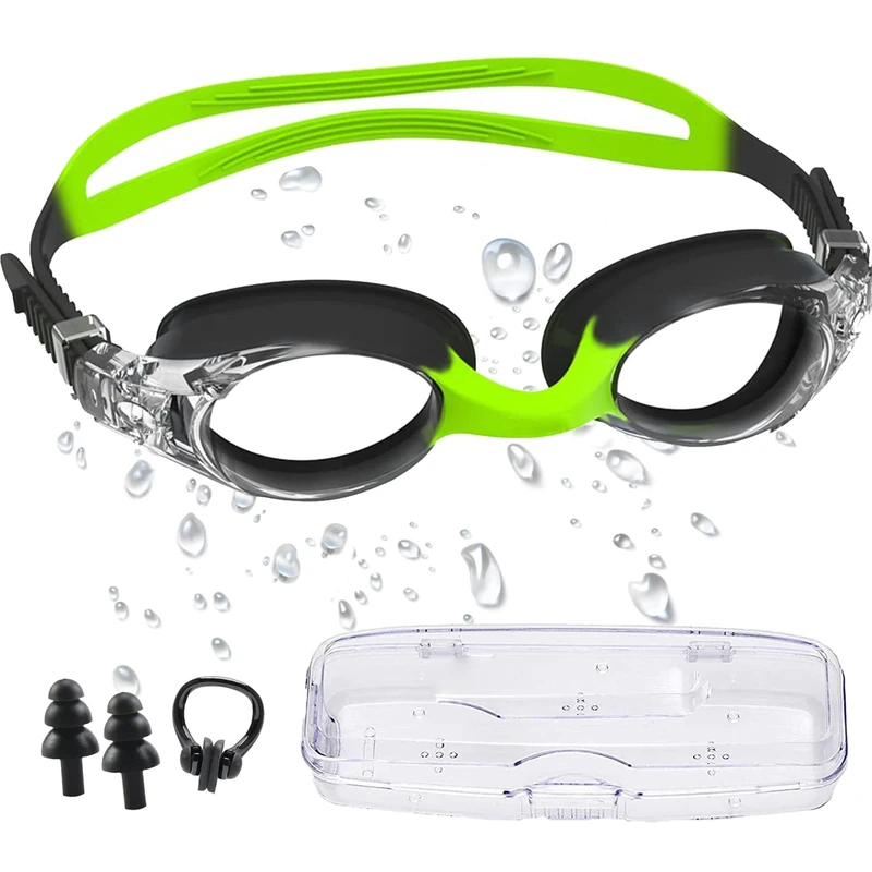 CYCFMYYLY Kids Swimming Goggles, Anti-Fog, Waterproof, UV Resist, Quick Adjustable Soft Strap, No Leaking, Green Goggles + Nose Clip + Swimming Ear Plugs