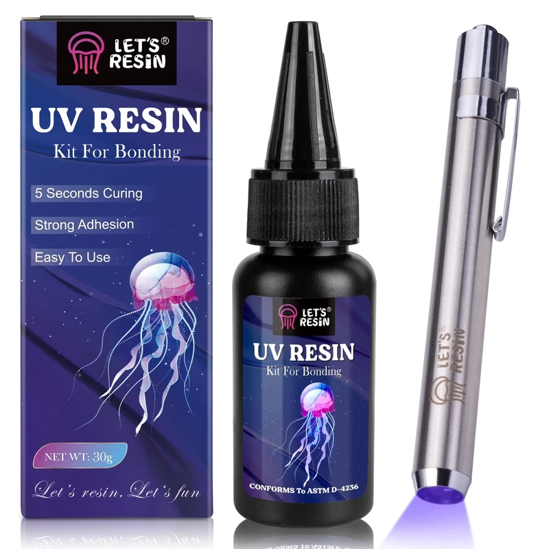 LET'S RESIN UV Resin Kit with Torch, Bonding & Curing in Seconds, 30g UV Resin Kit with UV Flashlight for Welding, Jewelry UV Glue Adhesive for Plastic Repair, Glass Light, Craft Decor