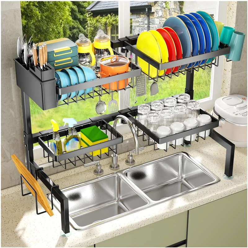 YKLSLH 2 Tiers of Retractable Large Over The Sink Dish Drying Rack with 4 Baskets, Iron, Adjustable Large Capacity Sink Rack, Dishware