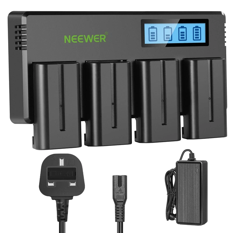 NEEWER 4 Packs 7.4V 2600mAh NP-F550 Replacement Batteries with 4 Channel Battery Charger & Power Adapter, Compatible with NP-F550/750/770/970 FM500H QM71D QM91D, Field Monitor, Video Light