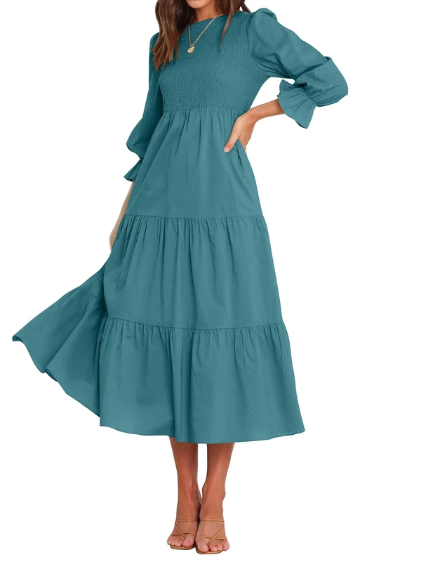 BTFBM Women Casual Long Sleeve Dress Fall Dresses 2024 Solid Color Relaxed Fit Smocked Tiered Flowy Boho Long Dresses, Solid Lake Blue, L