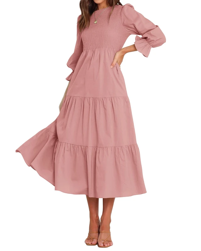 BTFBM Women Casual Long Sleeve Crew Neck Fall Dress Bohemian Relaxed Fit Floral Flowy Maxi Dresses Tiered Cocktail Dress, Solid Dusty Pink, M