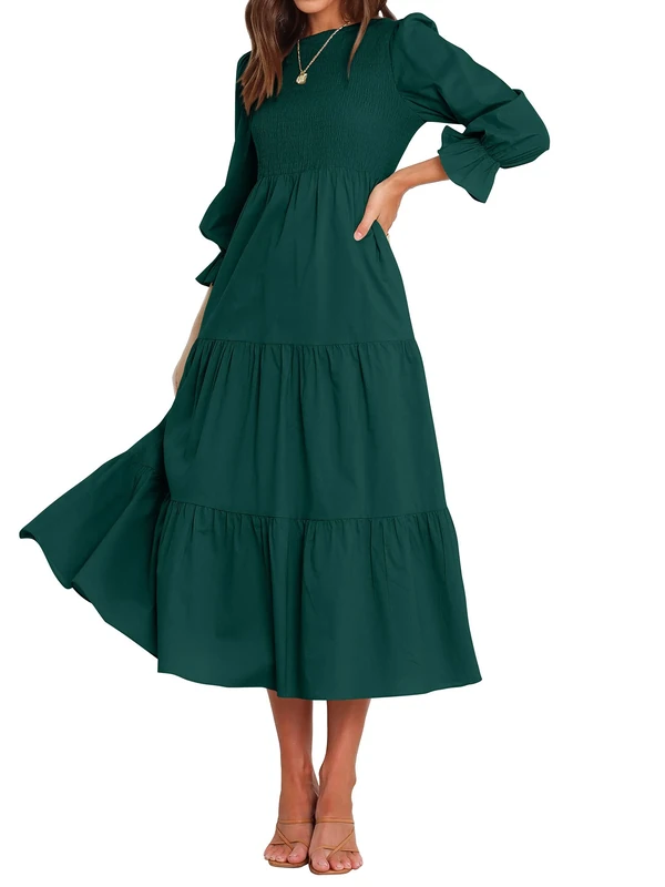 BTFBM Women Casual Long Sleeve Crew Neck Fall Dress Bohemian Relaxed Fit Floral Flowy Maxi Dresses Tiered Cocktail Dress, Solid Dark Green, S