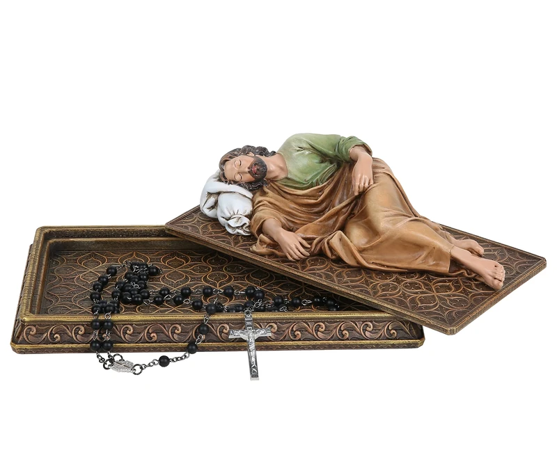 BC Catholic Sleeping St.Joseph Statue, with Case Base, Patron Saint Religious Figure Gift, Holder for Rosary, Inspirational Home Decor 8.8 inches L, Handmade by Buildclassic (Full Color)