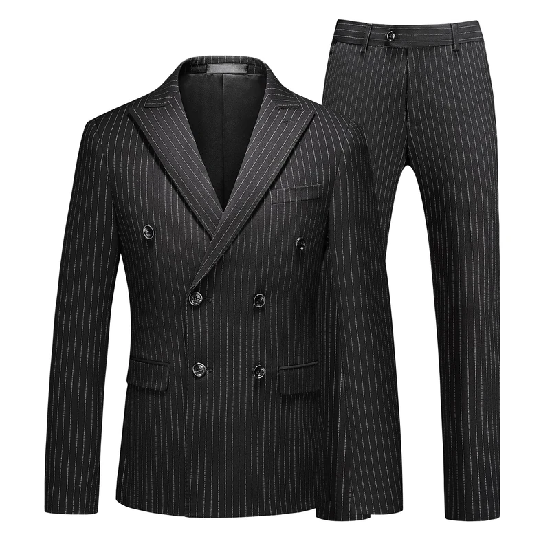 MOGU Mens Suits 3 Piece Double Breasted Suit Pinstripe Slim Fit Tuxedo Jacket Vest Pants for Business Wedding Prom, Black, 44