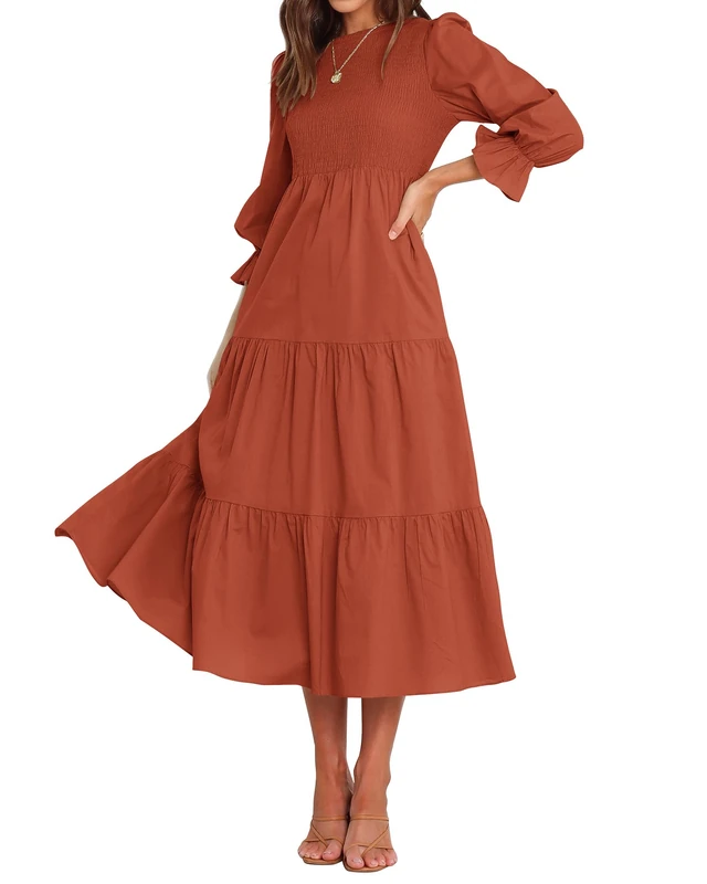 BTFBM Women Casual Long Sleeve Crew Neck Fall Dress Bohemian Relaxed Fit Floral Flowy Maxi Dresses Tiered Cocktail Dress, Solid Rust Red, S
