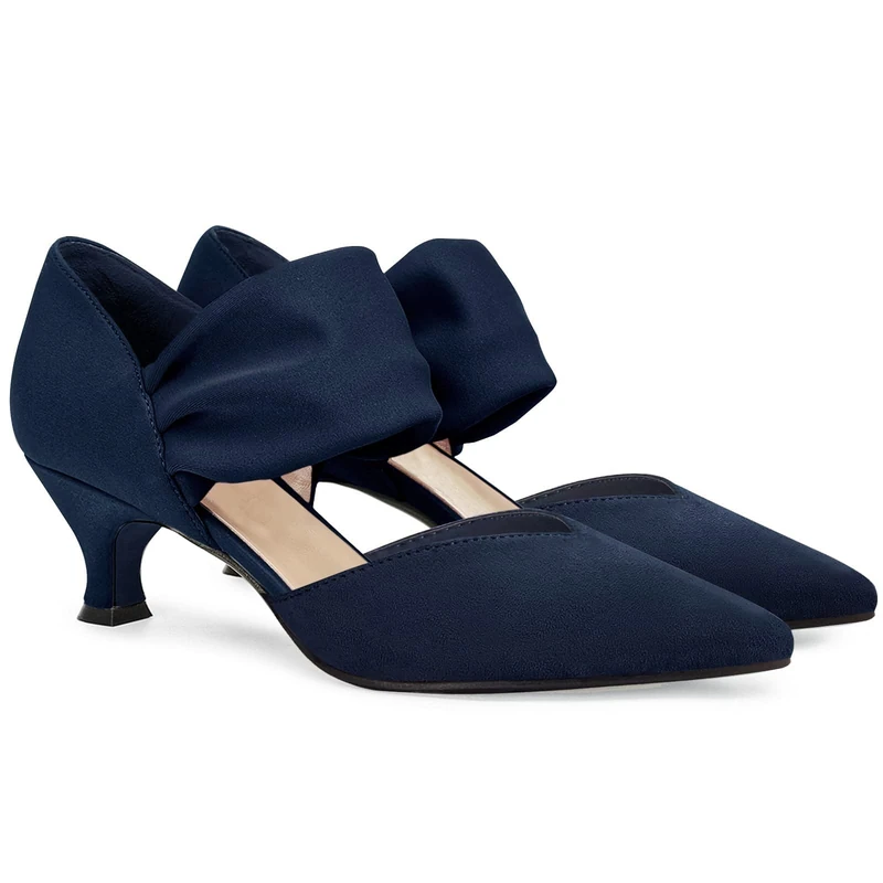 Coutgo Womens Low Kitten Heel Dress Shoes Pointed Toe Slip on Ankle Strap Cutout Elegant Party Wedding Pumps, Navy, 7 UK