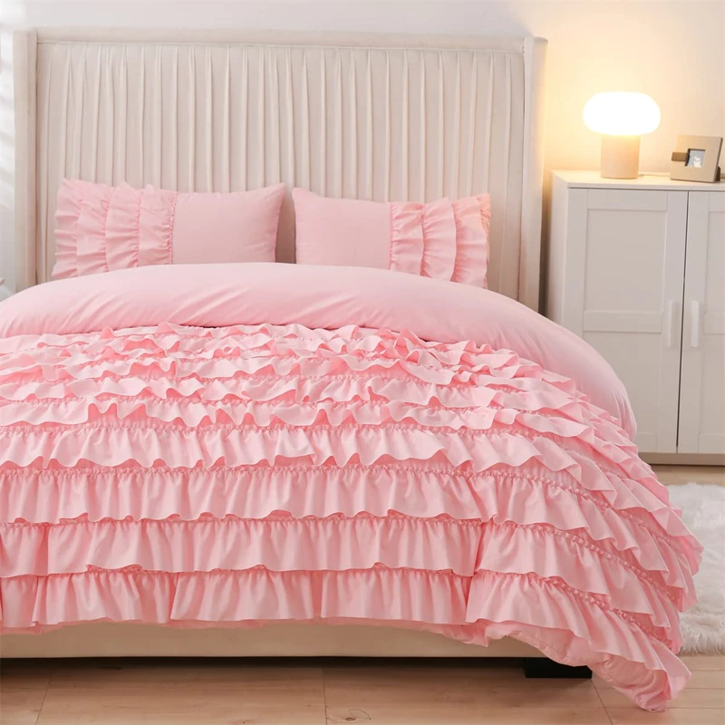 Holawakaka AONELAS Pink Waterfall Ruffle Comforter Set Twin Size Multi-Layers Ruffled Shabby Chic 3PCS Bedding Set for Girls Women